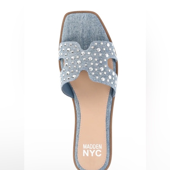 MADDEN NYC Womens Slip On Slide Sandals Size 9 Denim Silver Rhinestones New - Picture 1 of 11
